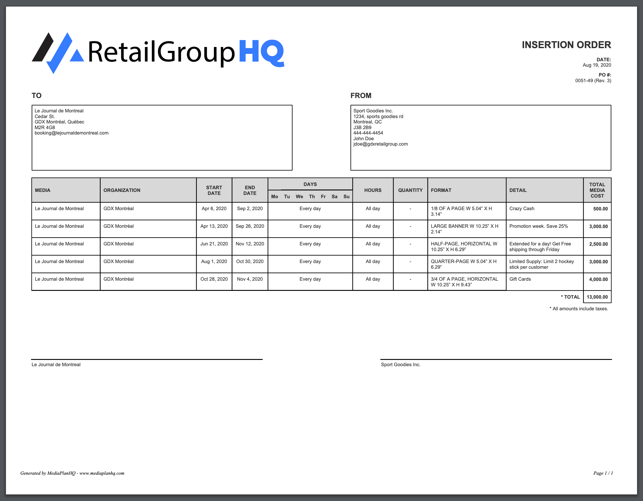 Generate professional insertion orders